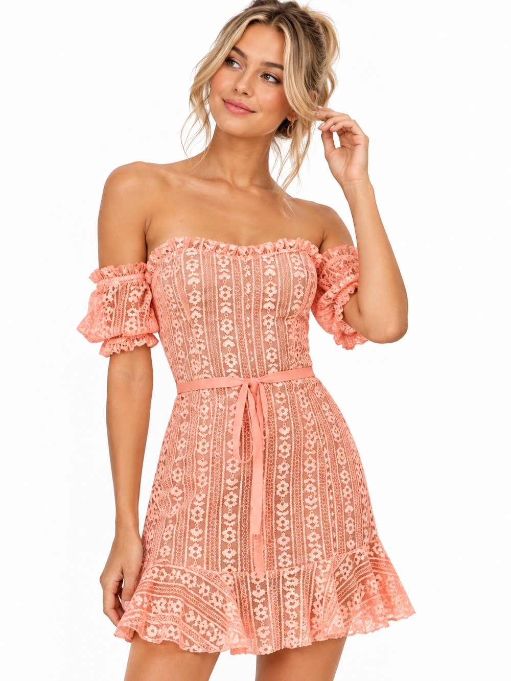 For Love & Lemons Dakota Lace Peach Pink Corset Mini Dress Size L